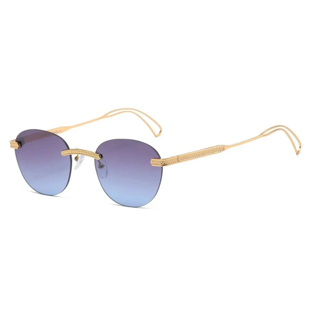 Mens Rimless Gold Textured Sunglasses Navy Blue Gradient Lens Luxury Style Retro